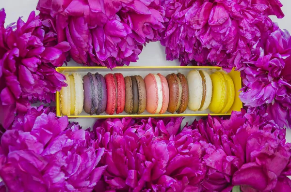 Bonbons macaronis dans une boîte entourée de fleurs — Photo