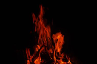 Sıcaklık ve ışık veren ağaç, yanan kırmızı alev bir siyah arka plan, yakın çekim