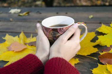 güzel seramik bardak elinde sıcak bir içecek ile ahşap bir masa bir arka plan bir akçaağaç parlak sarı yaprakları ile bir kadın