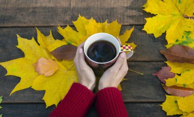güzel seramik bardak elinde sıcak bir içecek ile ahşap bir masa bir arka plan bir akçaağaç parlak sarı yaprakları ile bir kadın