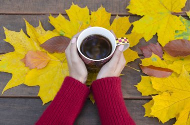 güzel seramik bardak elinde sıcak bir içecek ile ahşap bir masa bir arka plan bir akçaağaç parlak sarı yaprakları ile bir kadın