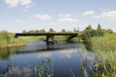 sıcak güneşli bir gün bir gölet, dar demiryolu parça ile geçerek eski ahşap köprü
