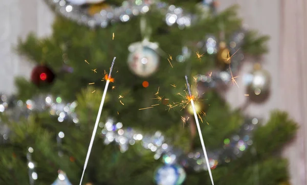 Sparklers Flying Sparks Background Christmas Tree Close — Stock Photo, Image