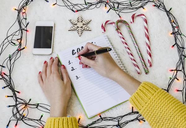 Female Hands Notepad Ballpoint Pen Telephone Background New Year Eve — Stock Photo, Image