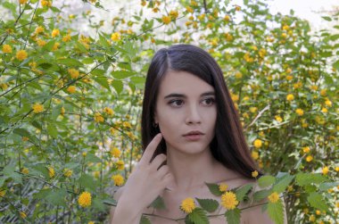 ılık bahar günü sarı çiçek tarafından çevrili karanlık uzun saçlı güzel genç kız