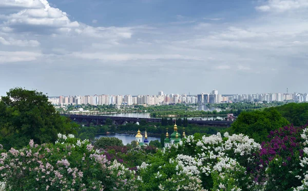 Vue sur la ville et l'église avec le jardin botanique à lilas — Photo