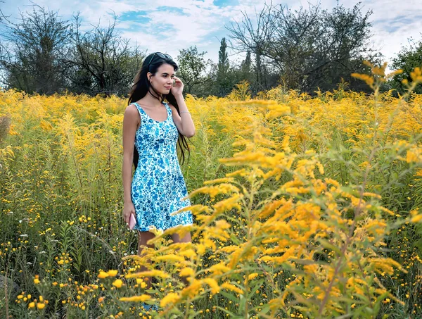 Fiatal Lány Egy Szalmakalapos Körül Virágzó Sárga Gyógynövények Közelről — Stock Fotó