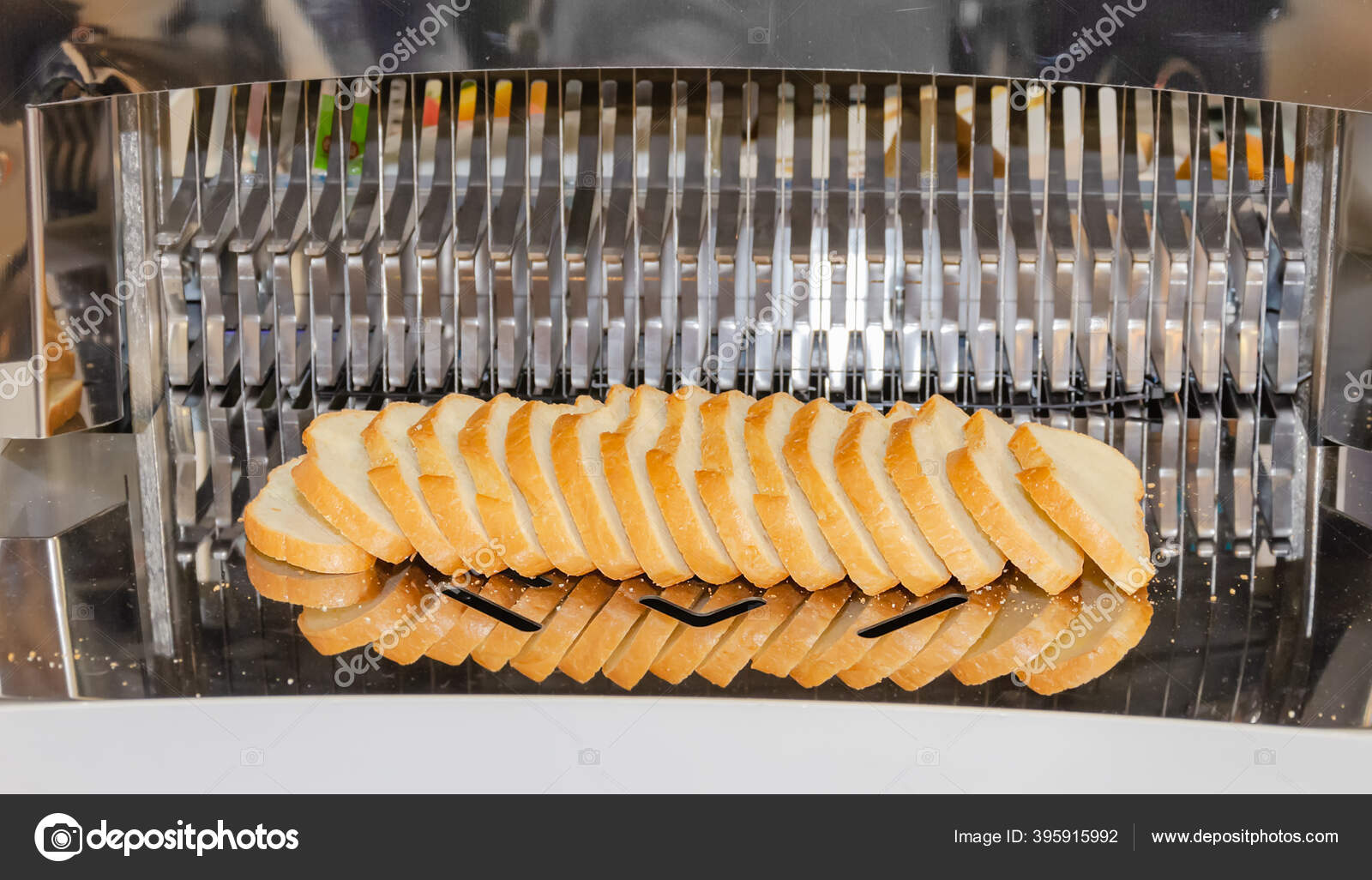 Bread Slicing Machine Freshly Baked Loaf Sliced Close Stock Photo