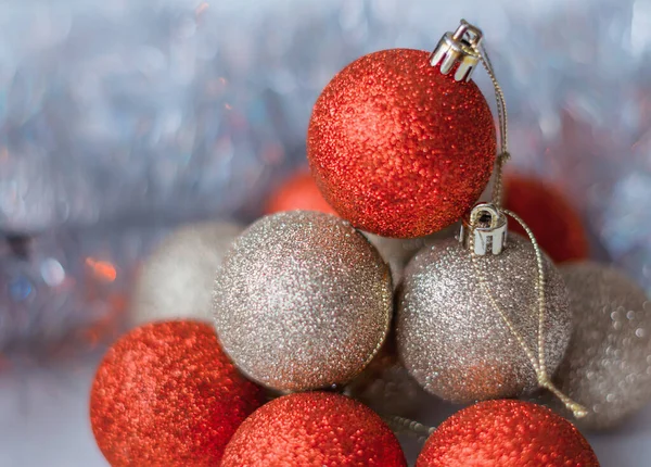 Christmas Tinsel Red Toy Light Background Close — Stock Photo, Image