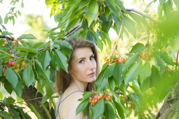 Mooie Jongedame Blauwe Jurk Poseren Buurt Van Kersenboom Zomer Tijden — Stockfoto