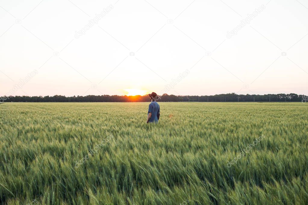 YOung male farmer stand alone in wheat field during sunset 