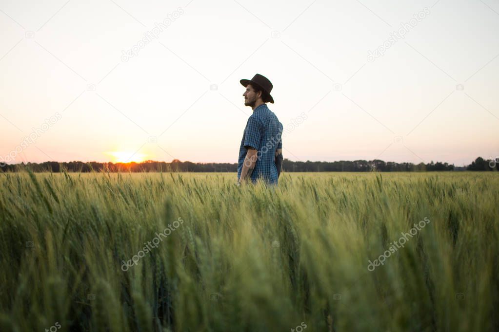 YOung male farmer stand alone in wheat field during sunset 