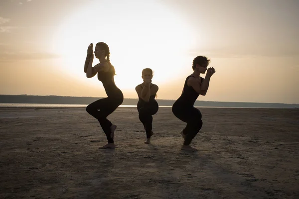 young women practicing yoga poses and asanas. Partner yoga, acrobatic yoga. Yoga class in black wear training in desert during sunset