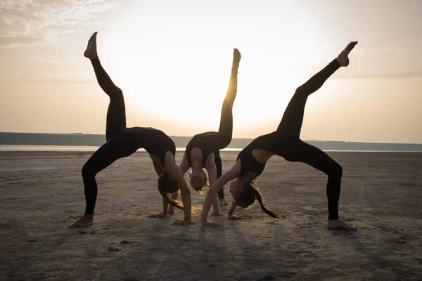 young women practicing yoga poses and asanas. Partner yoga, acrobatic yoga. Yoga class in black wear training in desert during sunset