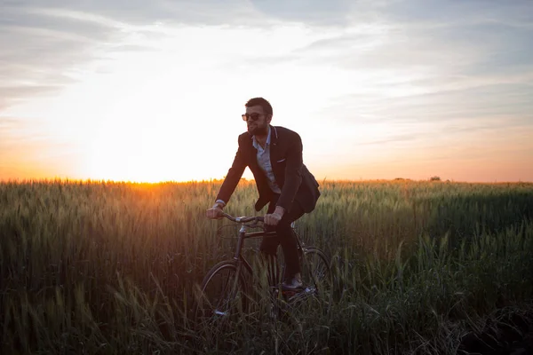 Retrato Hombre Con Estilo Con Bicicleta Retro Campo Trigo Verano — Foto de Stock