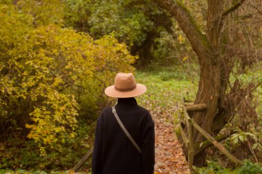 kadın şapka yalnız güzel sonbahar parkta yürüyüş