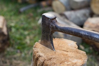 Piture doğrama yakacak odun, odun ve balta ile ülke fotoğraf kapatmak