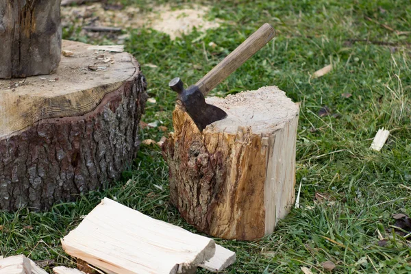 Close Piture Chopping Firewood Country Photo Wood Axe — Stock Photo, Image