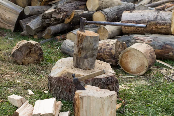 Close Piture Chopping Firewood Country Photo Wood Axe — Stock Photo, Image