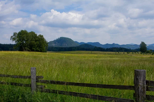 Landschaft Mit Wiese Den Bergen Frühlingswiesen Mit Grünem Gras Und — Stockfoto