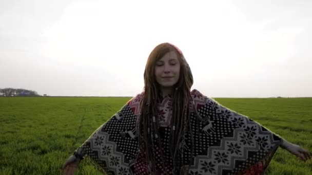 年轻快乐的女人在绿色的田野反对日落 女性与读的可怕的头发有很好的时间在户外 — 图库视频影像