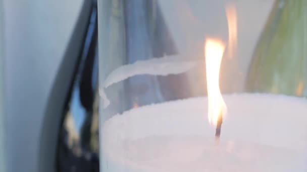 Close Wedding Decoration Candle Empty Vine Bottles — Stock Video