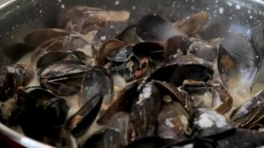 Midye tava üzerinde yakın çekim deniz pişirme