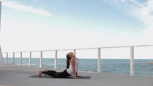 Jeune Femme Forme Faire Exercice Yoga Sur Jetée Bois Lever — Video