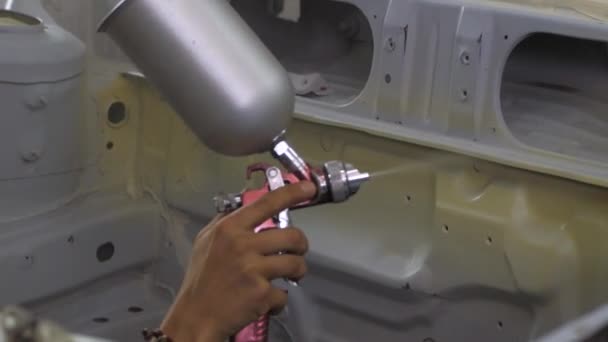 Process Car Painting Workshop Worker Mask Use Spray Gun Garage — Stock Video