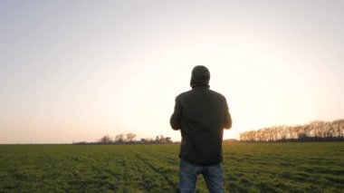 Genç adam rahat kıyafet pratik wushu veya karate günbatımı karşı bahar alanlardaki