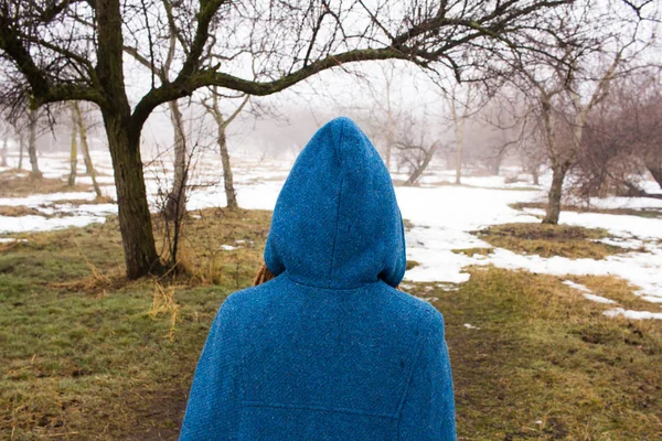 Mujer Joven Con Abrigo Azul Retro Caminar Parque Niebla Los — Foto de Stock