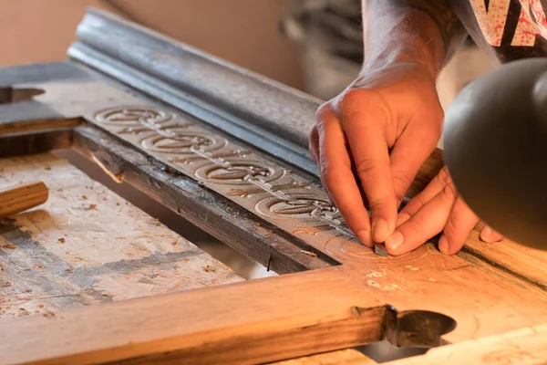 Laboratorio Scultura Legno Immagine Ravvicinata Utensili Legno — Foto Stock