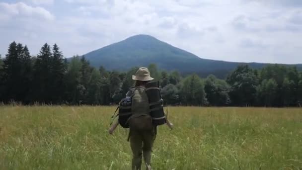 Молода Жінка Подорожує Тільки Горах Мандрівник Задньому Плані — стокове відео