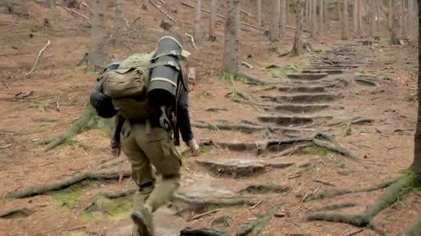 Mujer Joven Excursionista Viajar Las Montañas Solo Viajero Backpaker — Vídeo de stock