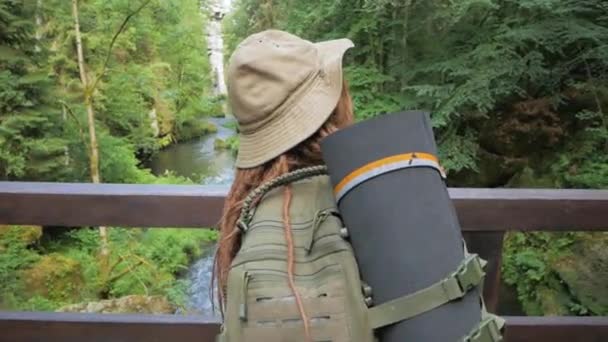 Jonge Vrouw Wandelaar Reizen Bergen Alleen Backpaker Reiziger — Stockvideo
