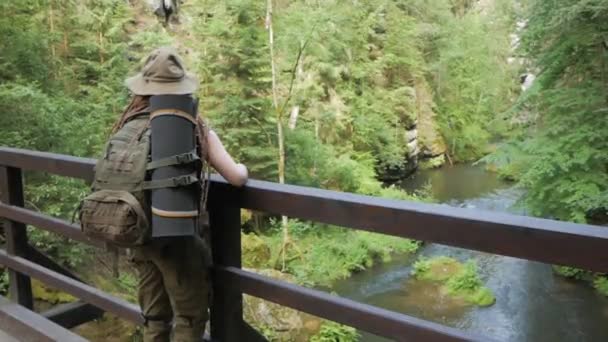 Jonge Vrouw Wandelaar Reizen Bergen Alleen Backpaker Reiziger — Stockvideo
