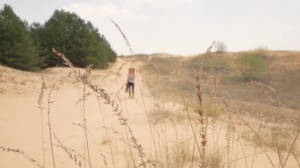 Jeune Femme Randonneuse Voyage Seule Avec Sac Dos Dans Désert — Video