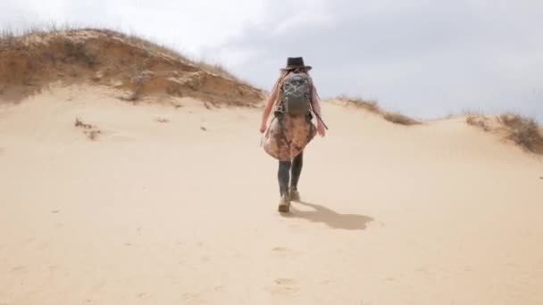 Jeune Femme Randonneuse Voyage Seule Avec Sac Dos Dans Désert — Video