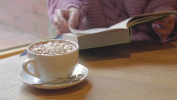 Ung Kvinna Dricker Kakao Med Marshmallows Och Läsa Bok — Stockvideo