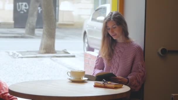 Junge Frau Trinkt Kakao Mit Marshmallows Und Liest Buch — Stockvideo