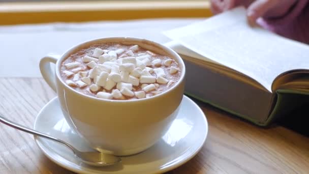 Junge Frau Trinkt Kakao Mit Marshmallows Und Liest Buch — Stockvideo