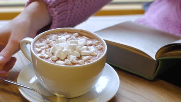 Ung Kvinna Dricker Kakao Med Marshmallows Och Läsa Bok — Stockvideo