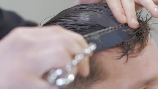 Close Man Getting Haircut Barber Shop Male Hairstylist Work — Stock Video