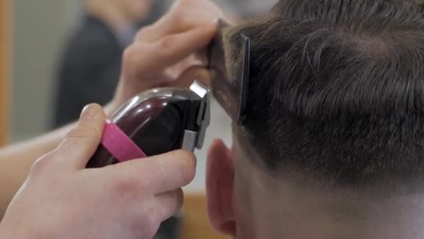 Close Man Getting Haircut Barber Shop Male Hairstylist Work — Stock Video