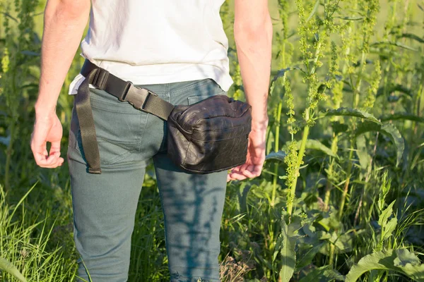 Young Male Traveler Belt Bag Stand Fields City — Stock Photo, Image