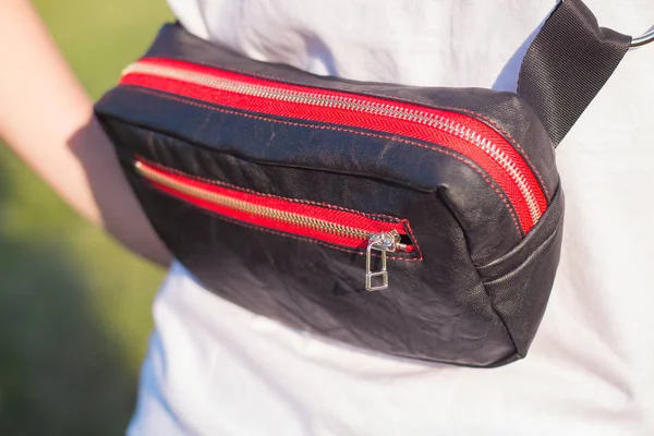 Close Black Belt Bag Hands — Stock Photo, Image