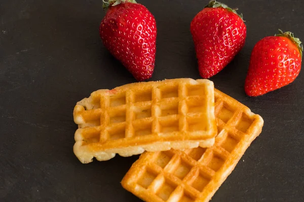 Close Belgian Waffles Strawberries Table — Stock Photo, Image