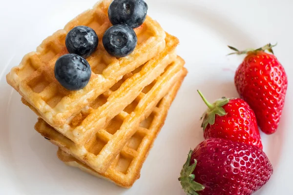 Belgian Waffles Strawberry Blueberries White Blate Close — Stock Photo, Image