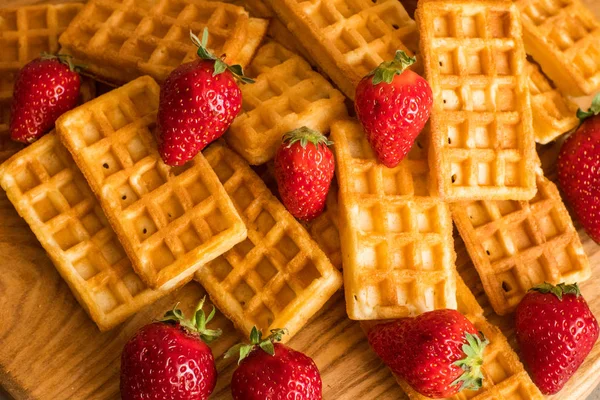 Close Belgian Waffles Strawberries Table — Stock Photo, Image