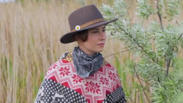 Jóvenes Viajeras Poncho Sombrero Caminan Por Los Campos Granja — Vídeo de stock